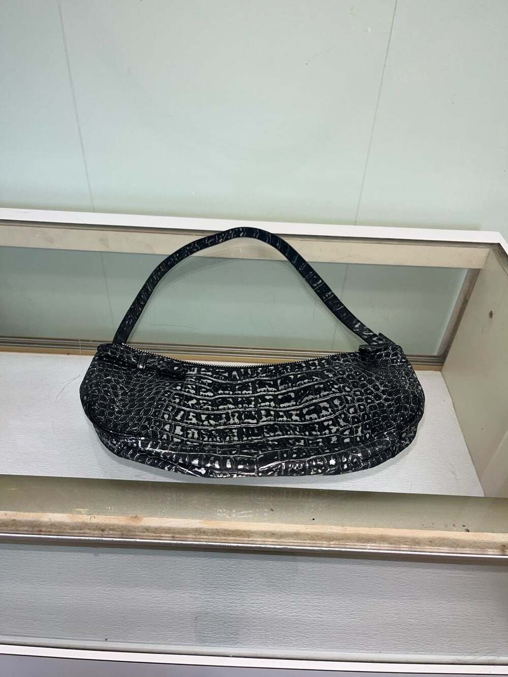 Tosca Blu Black and Silver Crocodile Embossed Leather Shoulder Bag